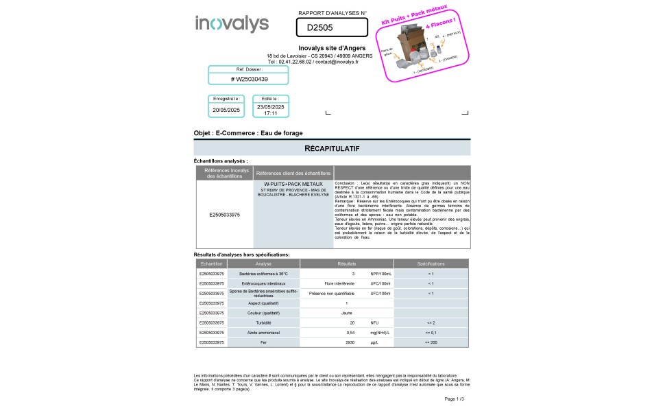 EXEMPLE D'analyse INOVALYS (puits + pack métaux)  Page 1